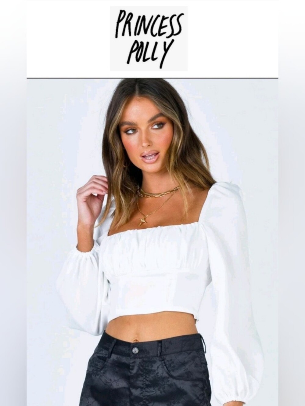 Princess Polly Ariah Long Sleeve Crop Top in White Puff Sleeves Womens Size US 4